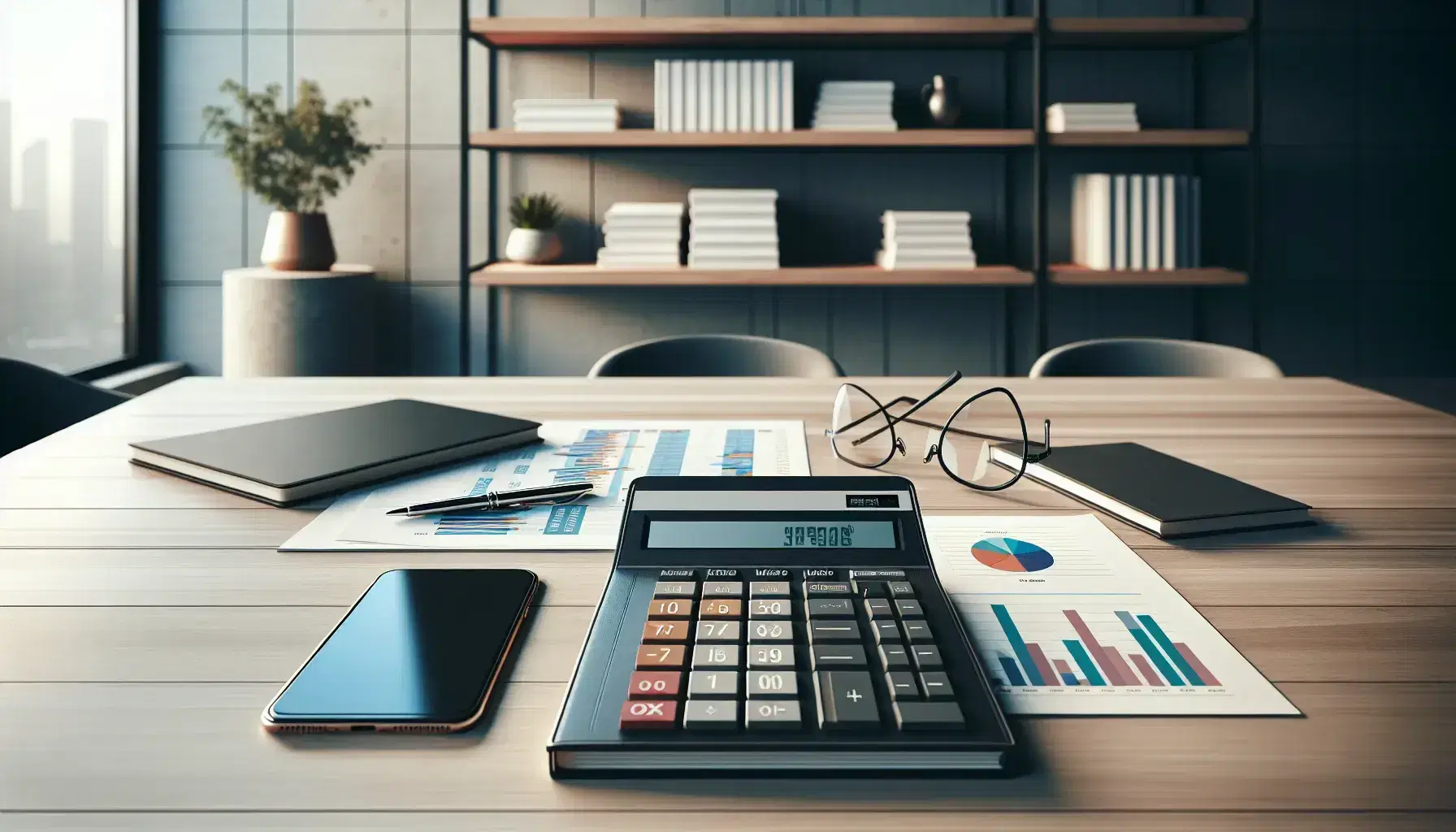 Oficina moderna con mesa de madera, calculadora, papeles, libro azul, laptop con gráfico de barras, smartphone y gafas bajo luz natural.