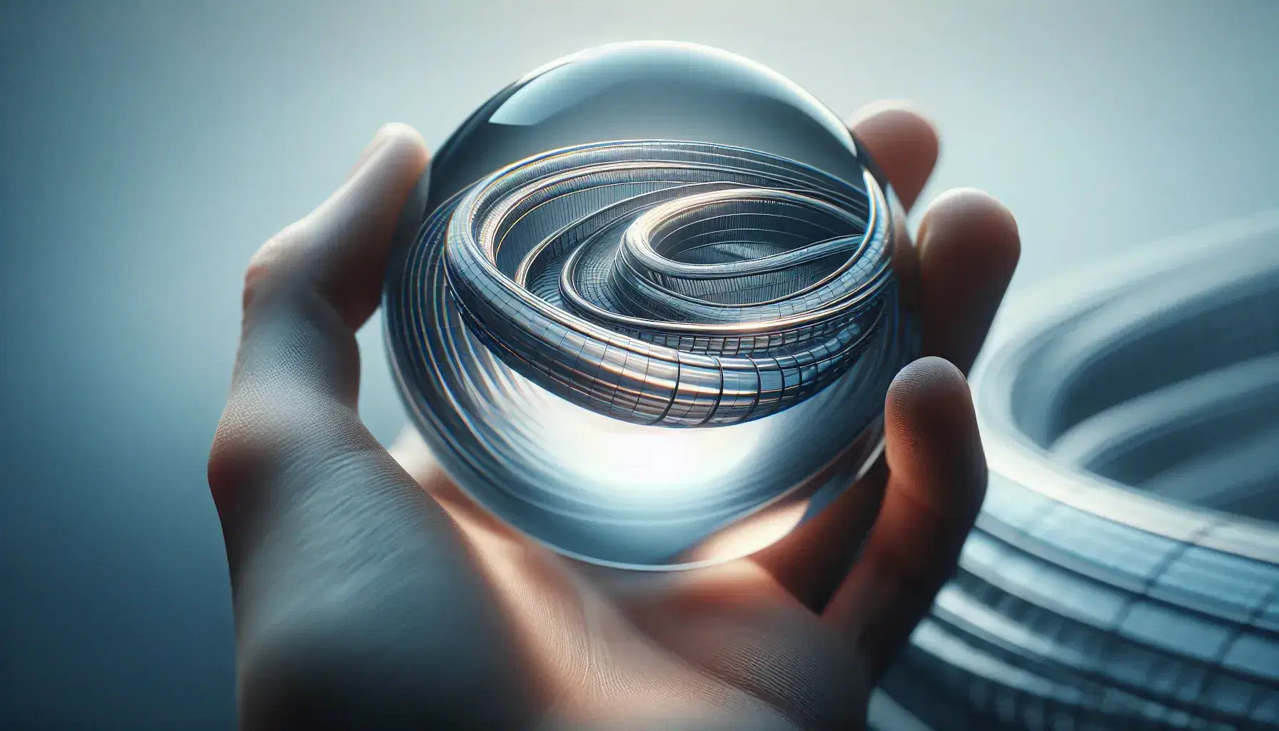 Close-up view of a hand holding a glass lens focusing on a metallic wire structure with blurred background, emphasizing detail and clarity.