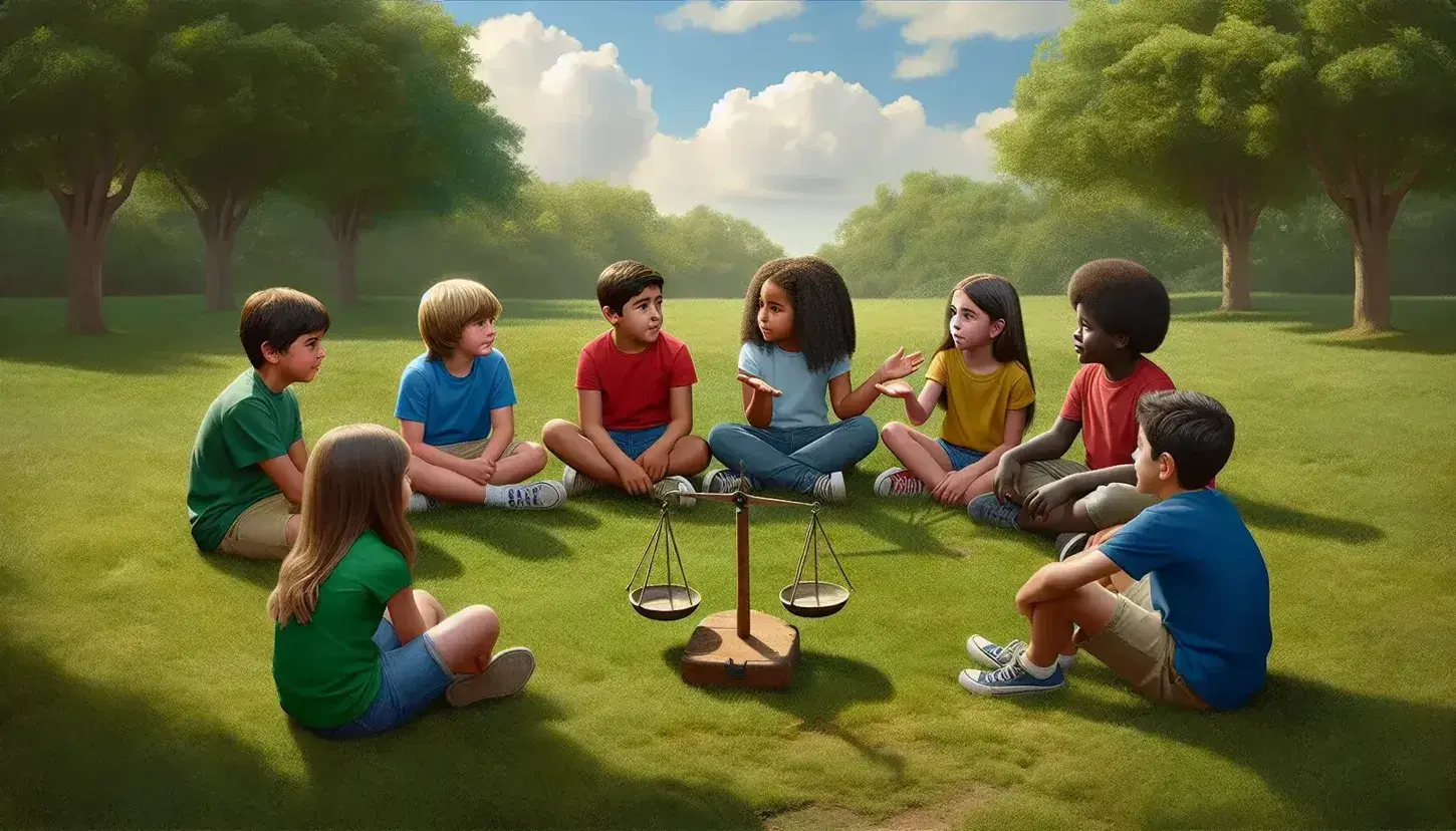 Six children of different ethnicities sitting in a circle on green grass discuss near an inactive wooden scale, under a blue sky.