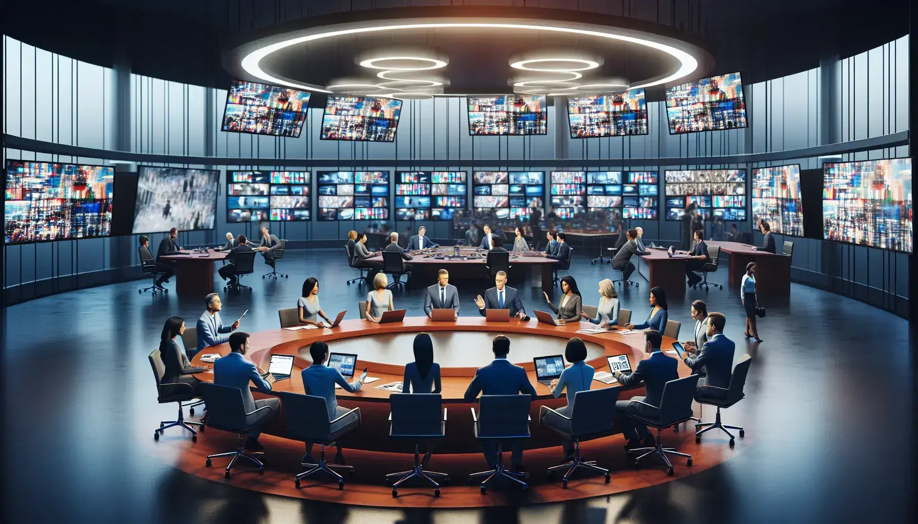 Modern newsroom with journalists around an oval table, digital devices, TV screens and visible broadcast studio.