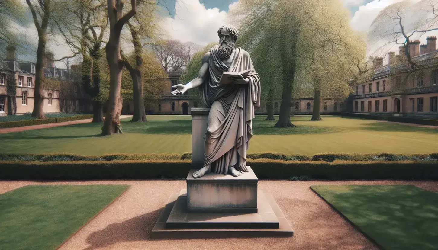 Estatua de piedra de filósofo con túnica en jardín universitario, mano extendida y libro, rodeado de árboles y césped verde bajo cielo parcialmente nublado.