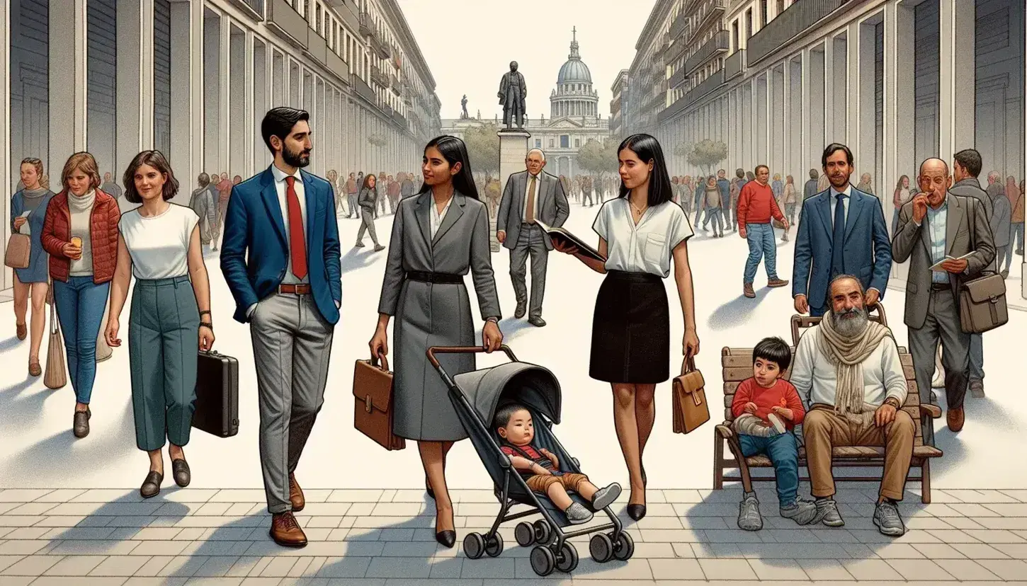 Diverse pedestrians on a Spanish city street with a businesswoman, a man with a stroller, and a woman reading on a bench, against a backdrop of historic and modern buildings.