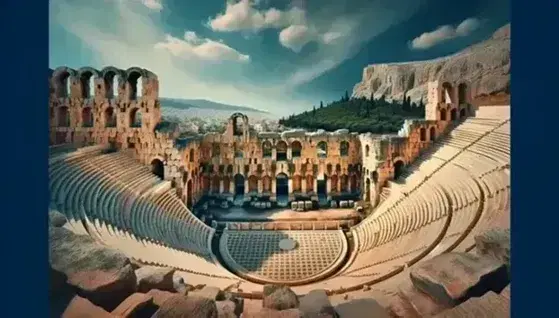 Theater of Dionysus in Athens, with its ancient stone seating and central orchestra pit, set against the Acropolis's limestone cliffs under a blue sky.