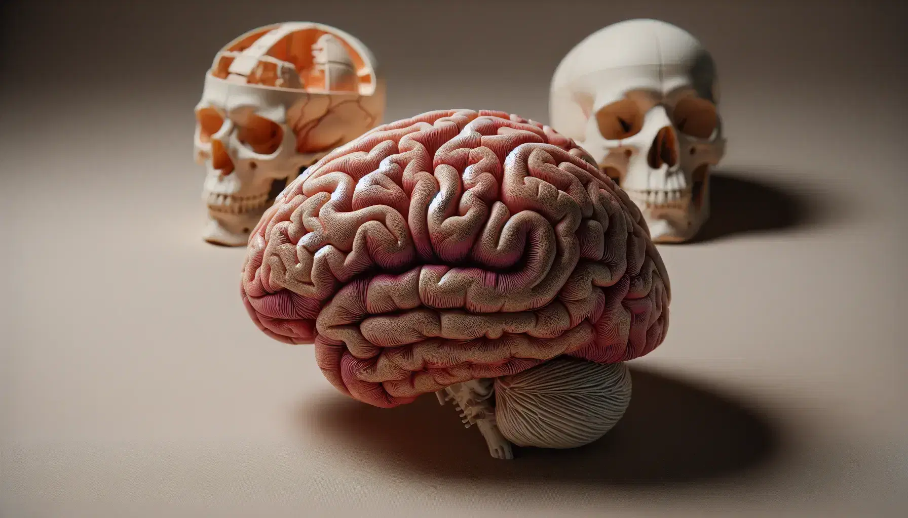 Modelo anatómico detallado del cerebro humano en vista superior con hemisferios definidos y cráneo en el fondo, sobre superficie neutra.