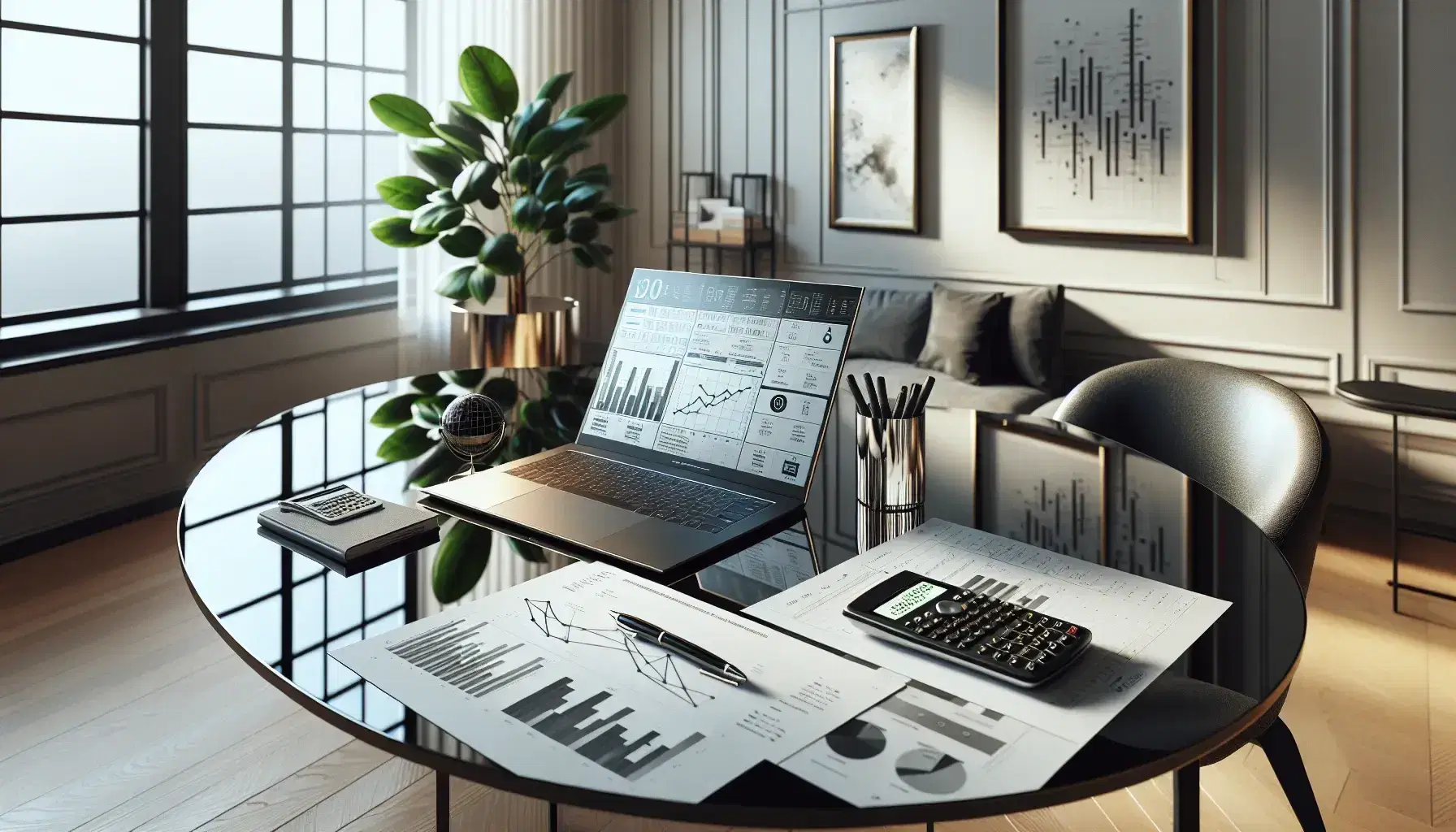 Modern office with large window, oval wooden table with laptop, graphing calculator, papers with charts, metallic pen, and a potted plant.