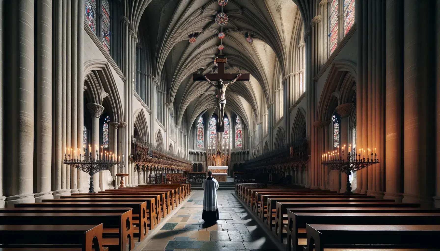 Interior gótico de catedral con bancos de madera, altar y crucifijo, luz natural de vitrales coloridos y persona en oración con túnica blanca y estola púrpura.