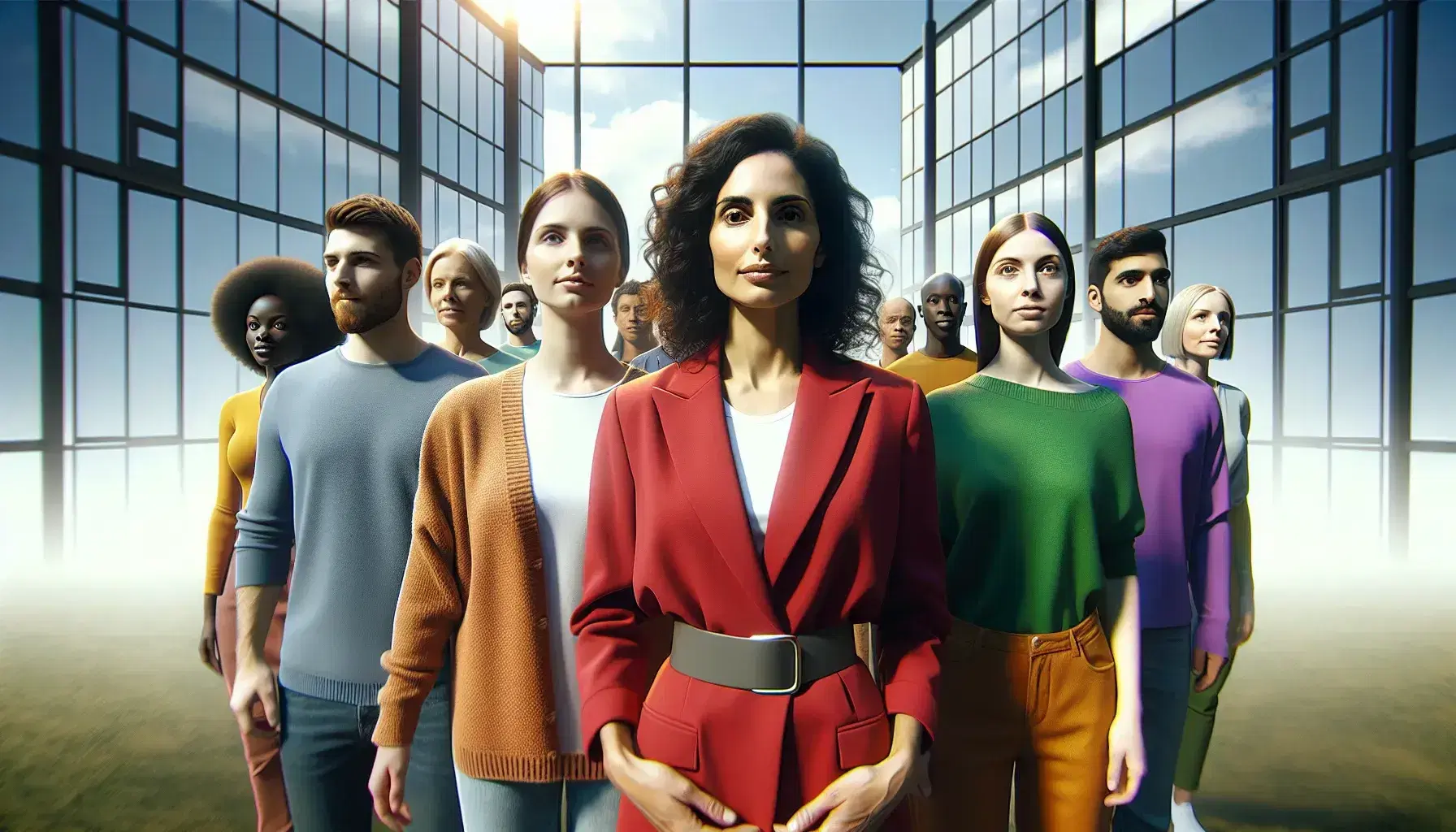 Diverse group of individuals in a semi-circle embodying inclusion, with a woman in a red blazer center, flanked by men in blue and green, against a modern building backdrop.