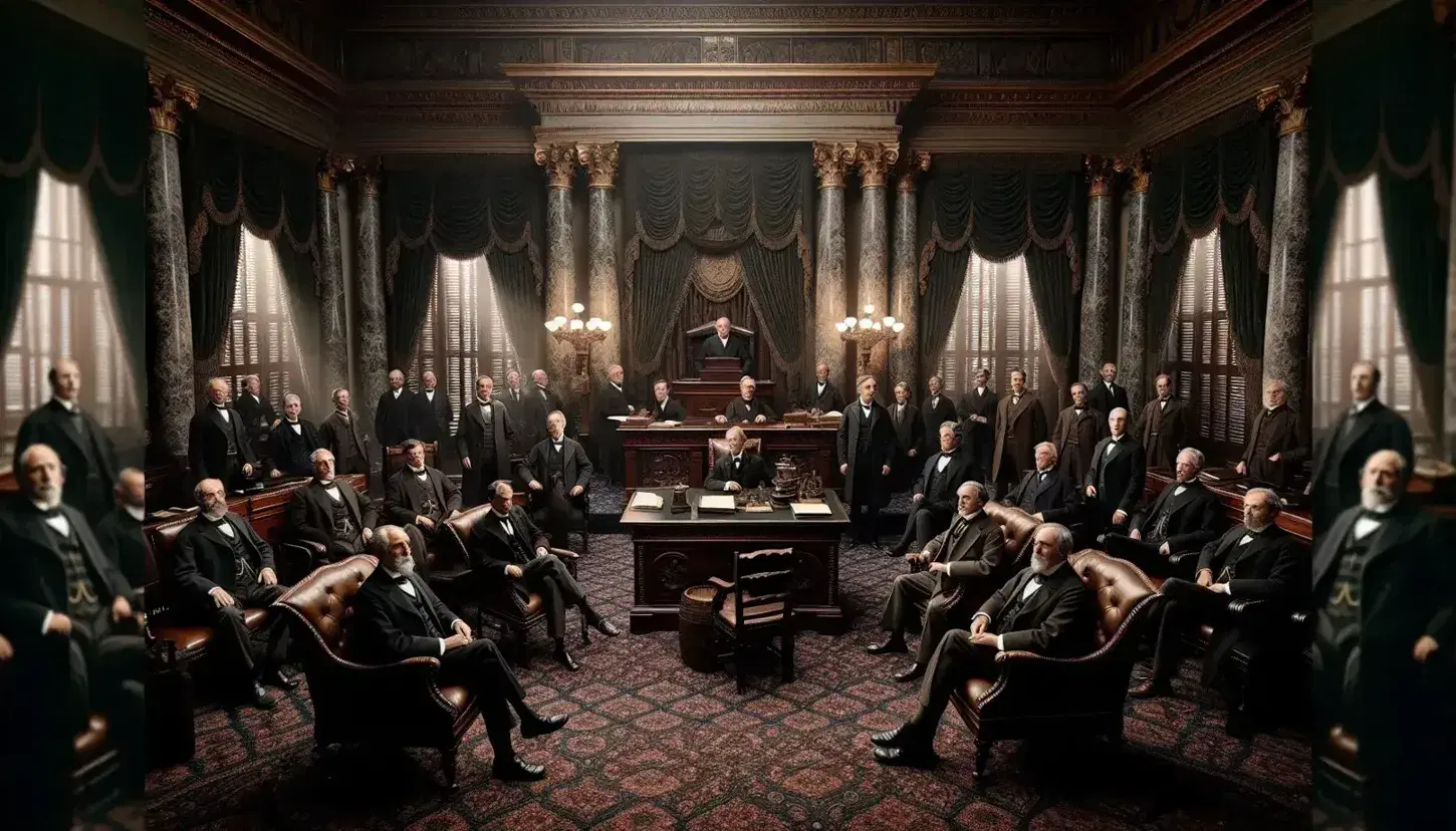 Early 20th-century United States Senate chamber scene with men in period suits discussing around an ornate wooden desk, under soft natural light.
