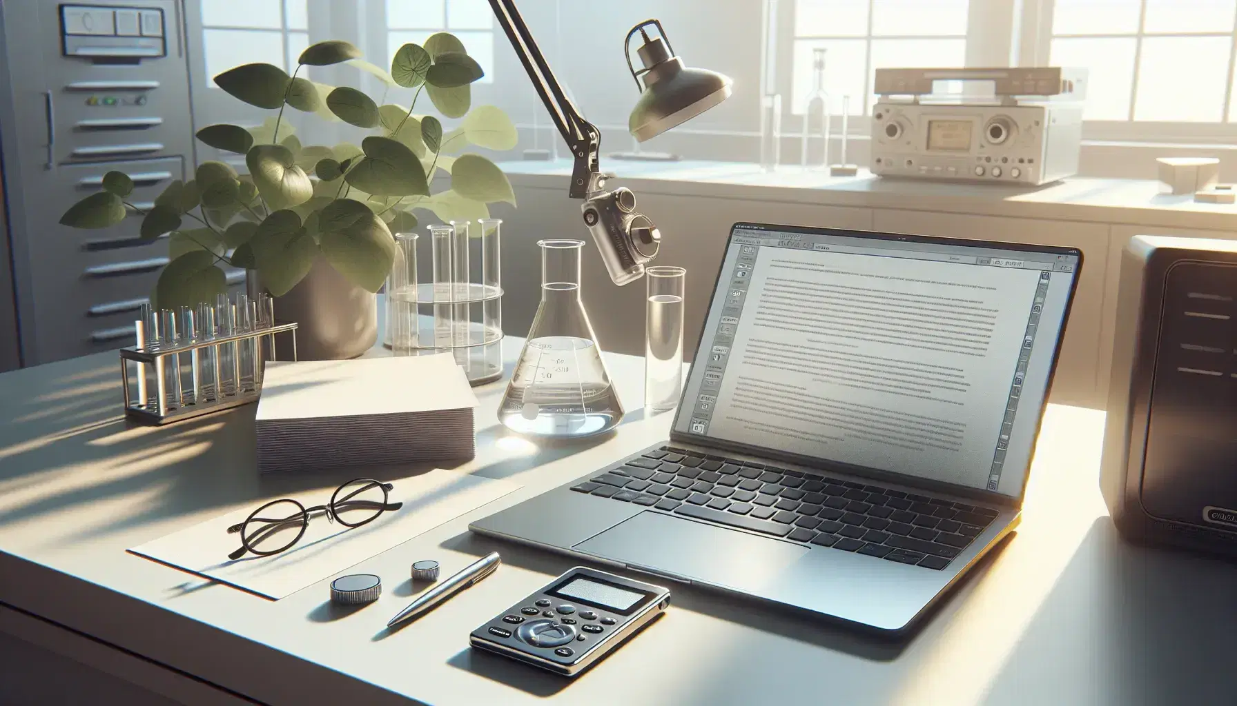 Organized desk with laptop, blank paper, beaker with liquid, voice recorder, glasses and green plant, ready for research.