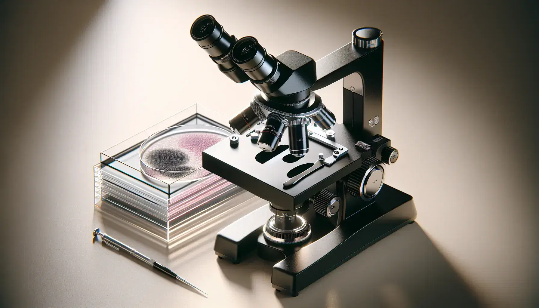 Microscopio ottico nero con accenti metallici su tavolo da laboratorio chiaro, vetrini accanto e tessuto biologico in petri.