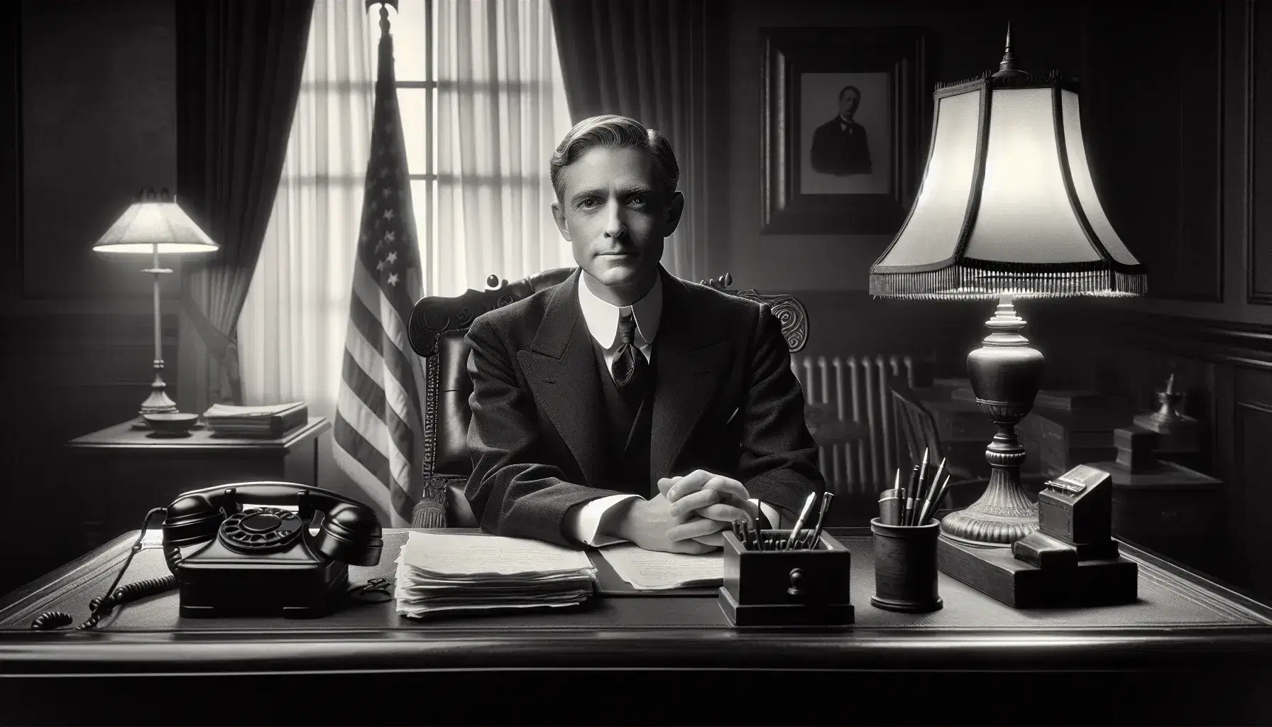 Middle-aged Caucasian man in dark suit sits at vintage office desk with clasped hands over papers, beside a draped American flag and closed-curtain window.