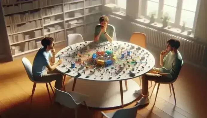 Tre persone discutono attorno a un tavolo rotondo con un modello di circuito elettronico colorato e fogli sparsi in una stanza luminosa.