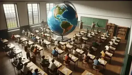 Aula escolar con estudiantes de diversas edades enfocados en un globo terráqueo grande mientras un profesor señala y explica, con luz natural iluminando la escena.