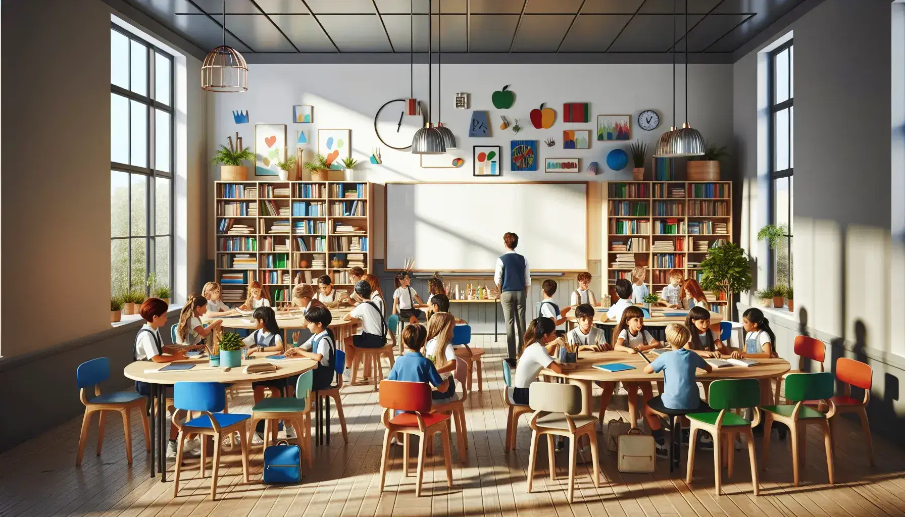 Aula luminosa con estudiantes diversos alrededor de una mesa redonda, algunos con uniformes y otros con ropa casual, usando libros y tablets, con un profesor explicando y decoración colorida.