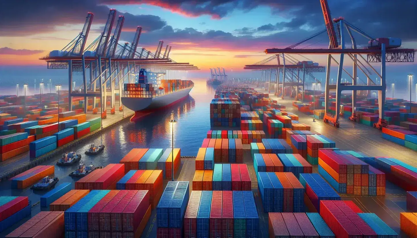 Bustling seaport with stacked colorful shipping containers, a white cargo ship with a red hull, towering yellow cranes, and a sunset reflecting on calm waters.