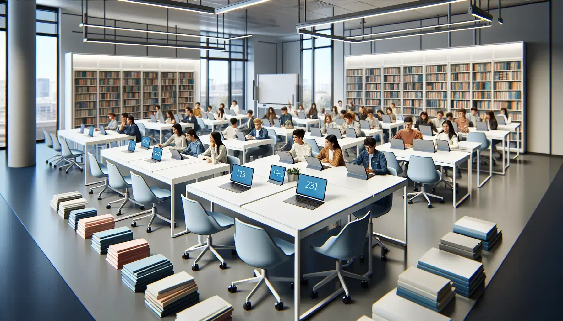 Aula escolar moderna y luminosa con mesas blancas, sillas ergonómicas azules, dispositivos electrónicos, estudiantes diversos y pizarra blanca.