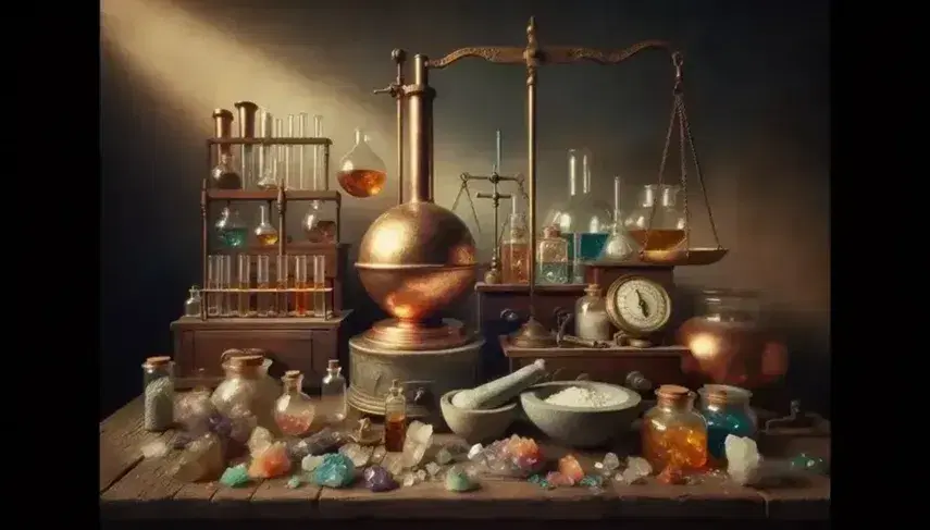 Mesa de laboratorio antigua con alambique de cobre, mortero de piedra, frascos de vidrio con líquidos coloridos, balanza de bronce y cristales minerales bajo luz natural.