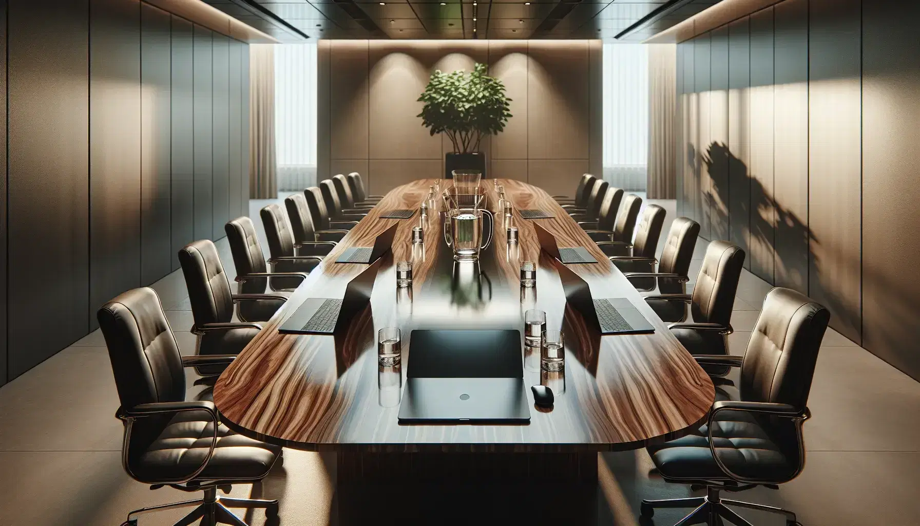 Modern boardroom with oval wooden table, high-backed leather chairs, laptops, glass water pitcher with glasses, and a potted plant, under warm ceiling lights.