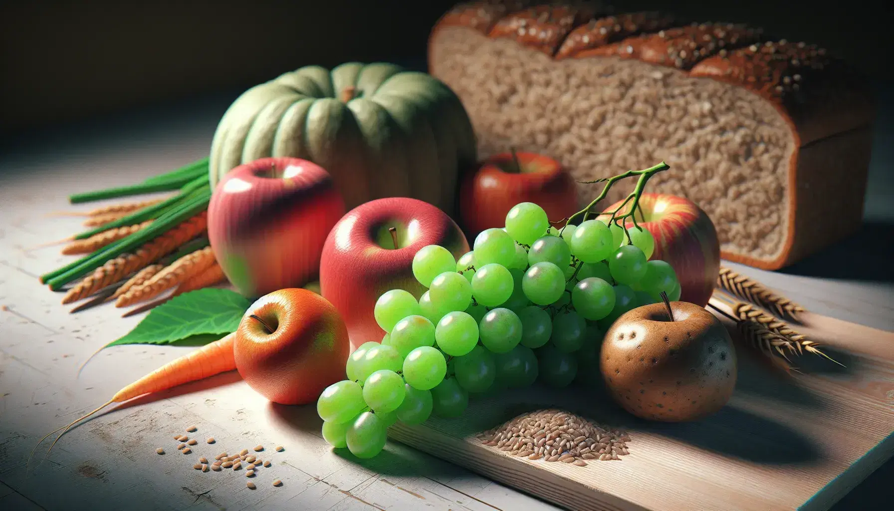 Frutta e verdura fresche su piano di lavoro in legno chiaro: uva verde, mela rossa, banana matura, pane integrale, carota e patata.