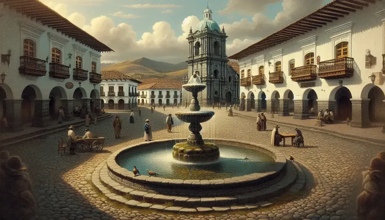 Plaza colonial en Ecuador con fuente de piedra, casas blancas con tejados rojos, iglesia con cúpula de azulejos y personas disfrutando del entorno.