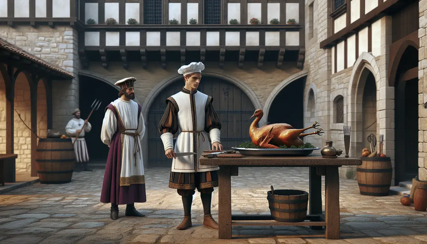 Cuoco medievale presenta gru arrosto su tavolo di legno in cortile con nobile osservante, edificio in pietra e vegetazione in sfondo.