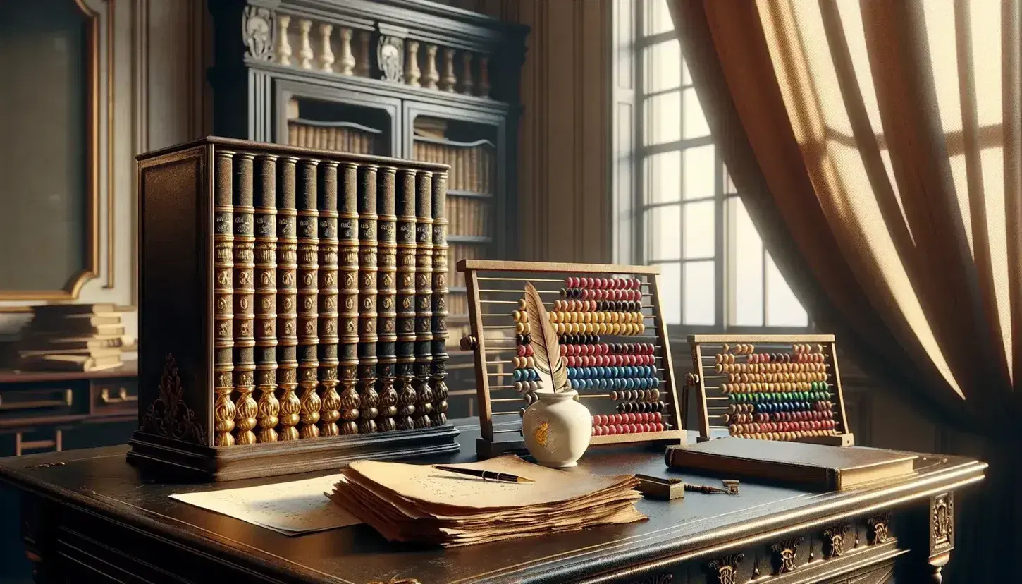 Escena de oficina antigua con escritorio de madera, libros de contabilidad apilados, tintero de porcelana con pluma y ábaco colorido bajo luz natural.