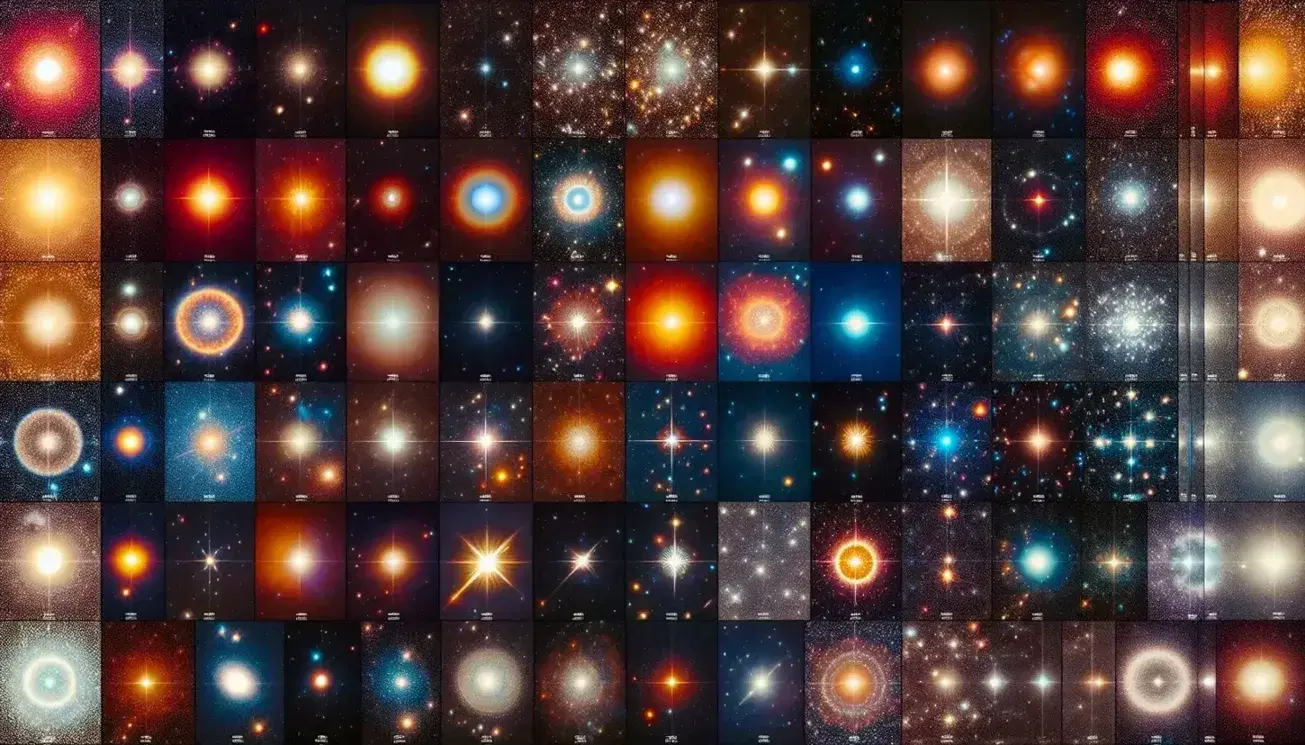 Collage showcasing a variety of stars in a gradient from deep red to indigo, illustrating the diversity of stellar temperatures in the night sky.
