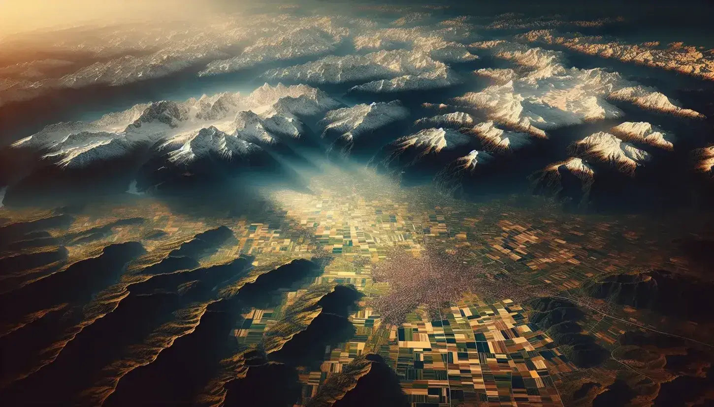 Veduta aerea panoramica delle diverse regioni geografiche italiane, dalle Alpi innevate alla Pianura Padana e alle colline centrali.