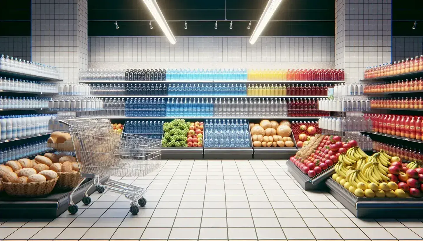 Scaffali di supermercato con bottiglie d'acqua in plastica, pane assortito e frutta fresca come mele, banane e uva, carrello vuoto in primo piano.