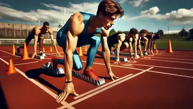 Atletas en pista de atletismo preparándose para iniciar carrera, con enfoque en corredor en posición de salida y equipamiento deportivo alrededor.
