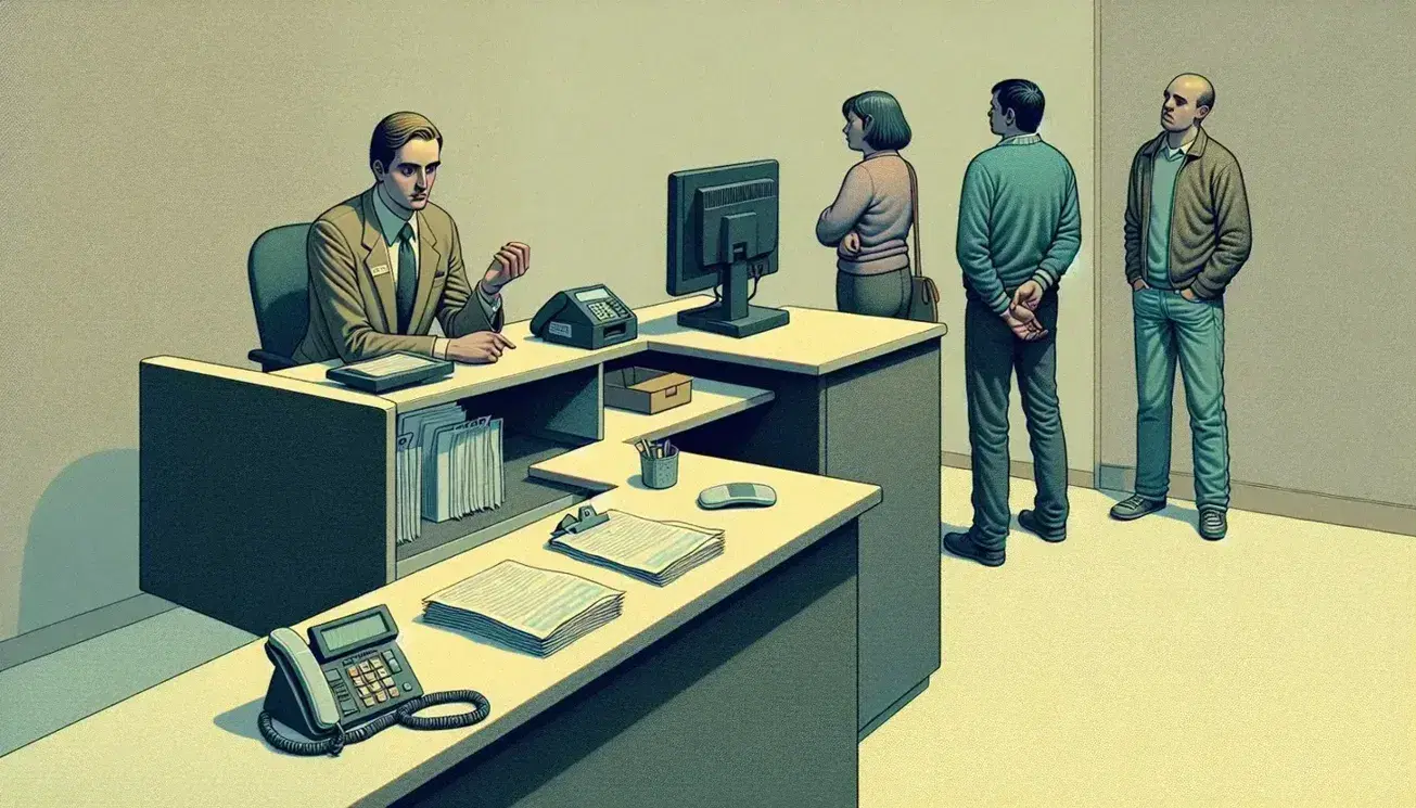 Customer service desk with an unengaged representative, a line of three customers showing impatience and confusion, and a disorganized counter.