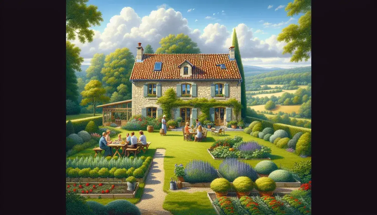 Casa de campo de dos pisos con tejado rojo y muros de piedra rodeada de jardín florido, sendero de grava y huerto, con personas disfrutando de una comida al aire libre.