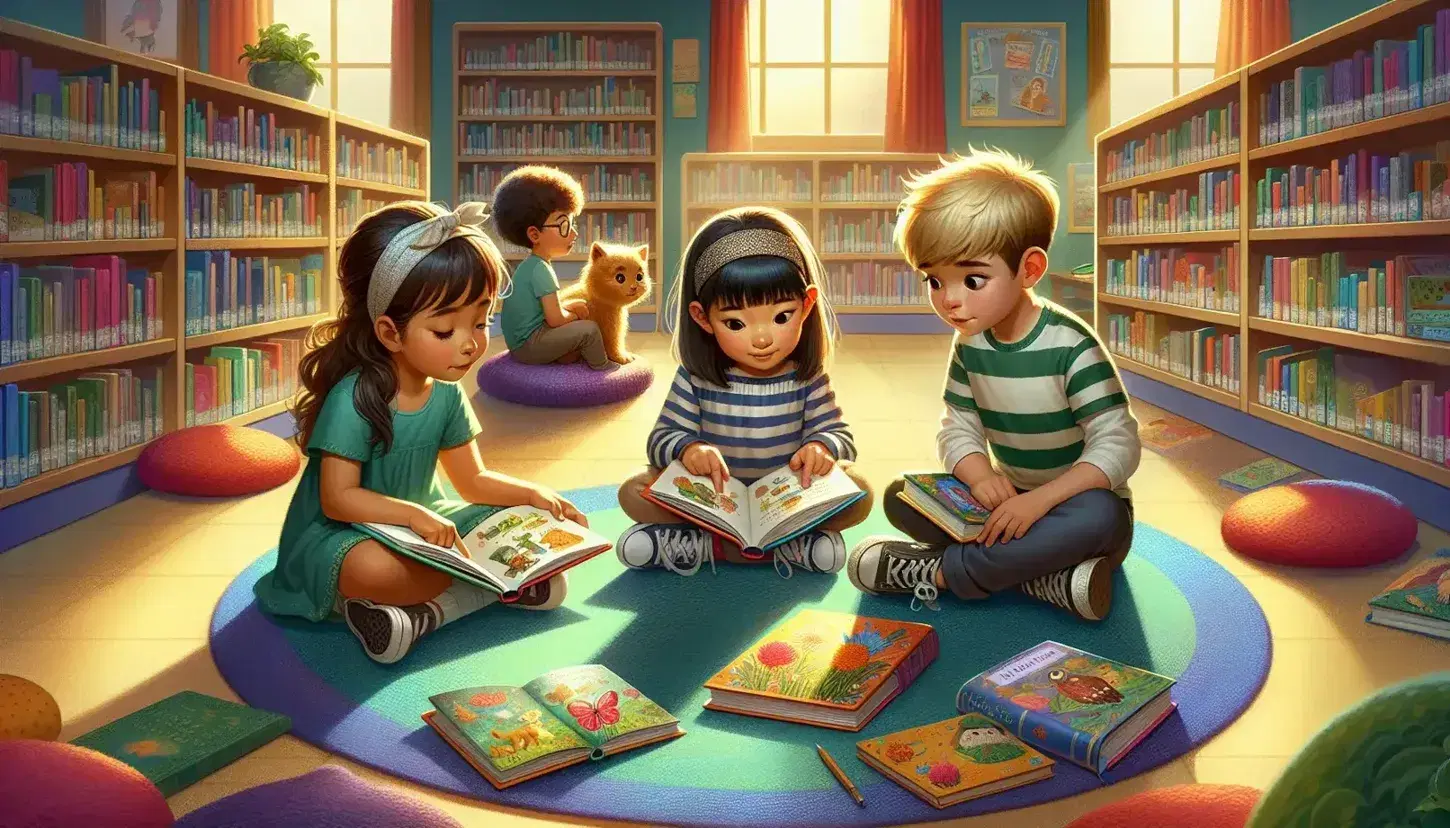 Niños leyendo y aprendiendo juntos en una biblioteca escolar, con estantes de libros al fondo y luz natural iluminando la escena.
