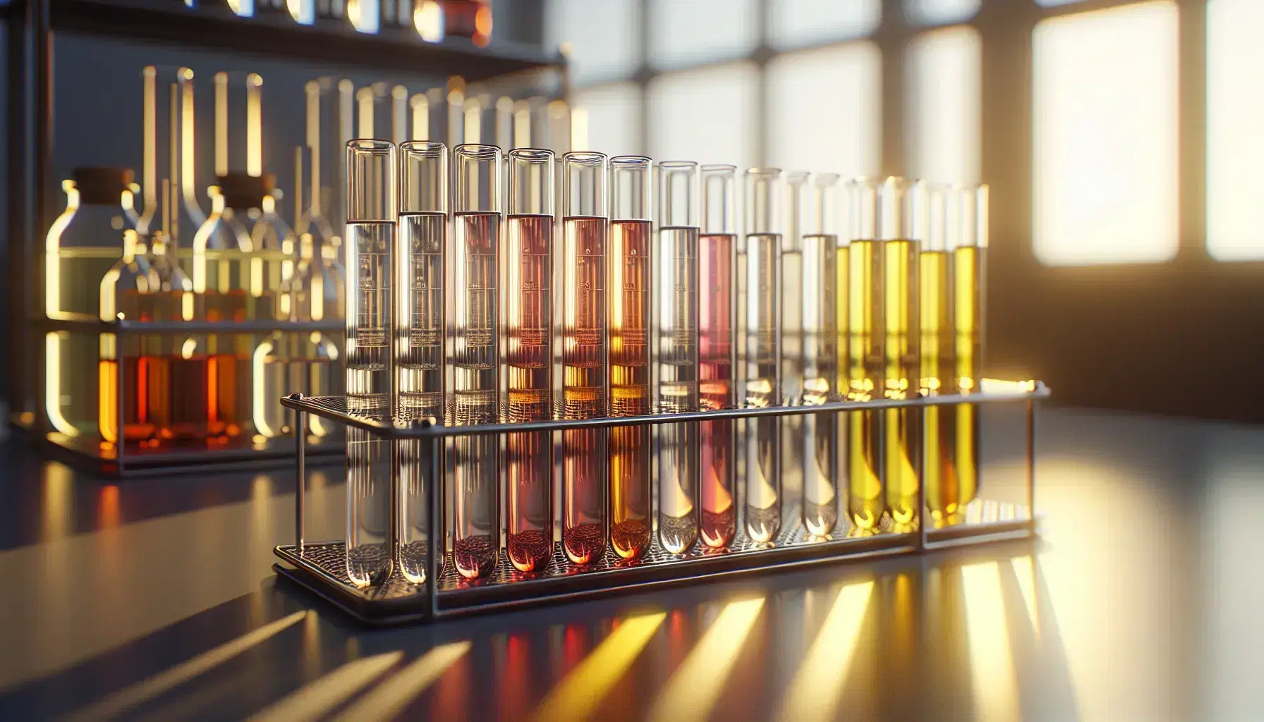 Primer plano de tubos de ensayo con líquidos de colores desde amarillo claro hasta rojo oscuro en soporte metálico, con reflejos y sombras suaves en laboratorio.