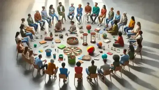Grupo diverso de personas sentadas en círculo interactuando con juegos y objetos en un espacio iluminado y acogedor, reflejando comunidad y aprendizaje colaborativo.