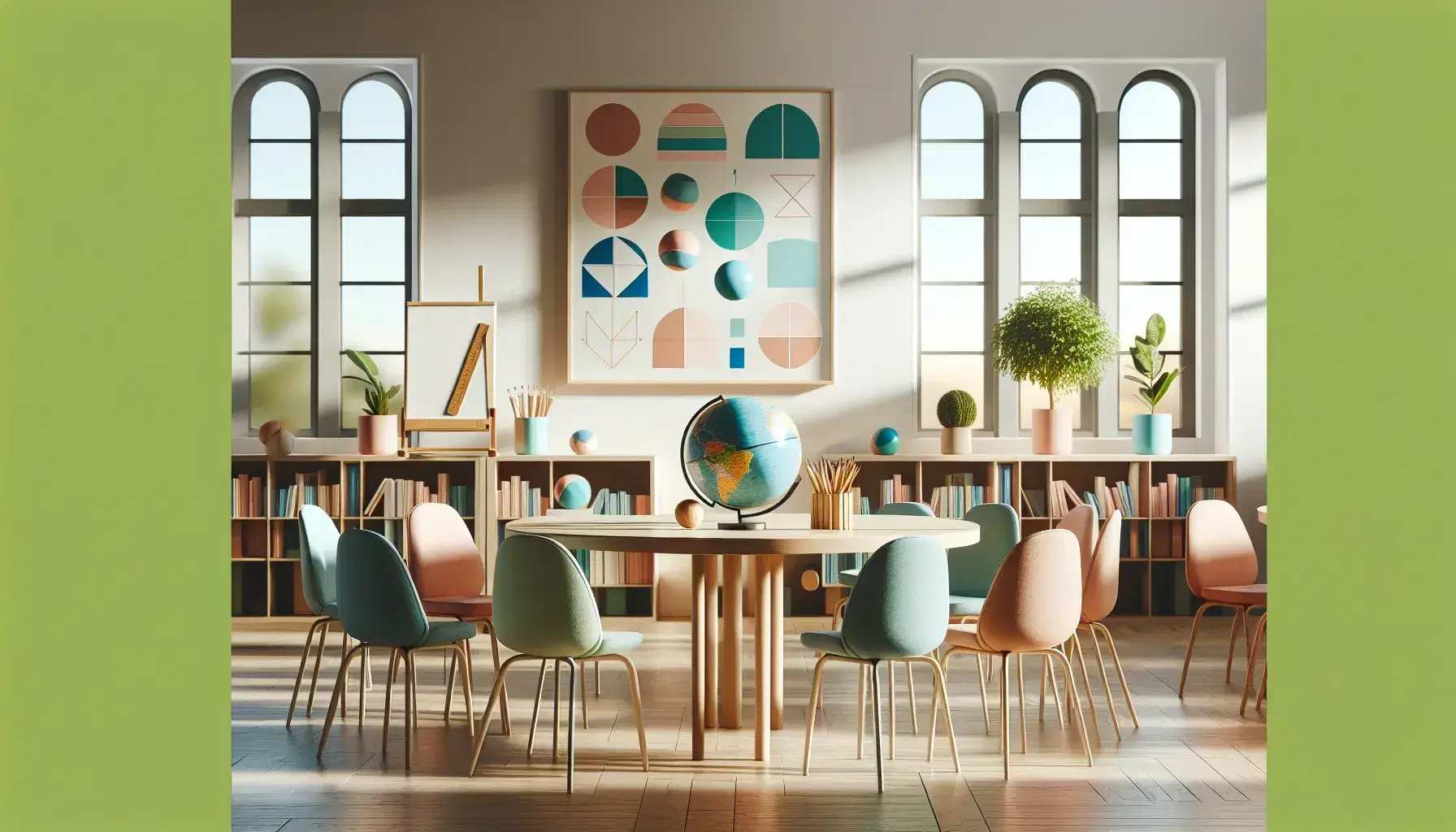 Aula espaciosa y luminosa con mesa redonda y sillas de colores pastel, objetos educativos sobre la mesa, pizarrón blanco y estantería con libros.