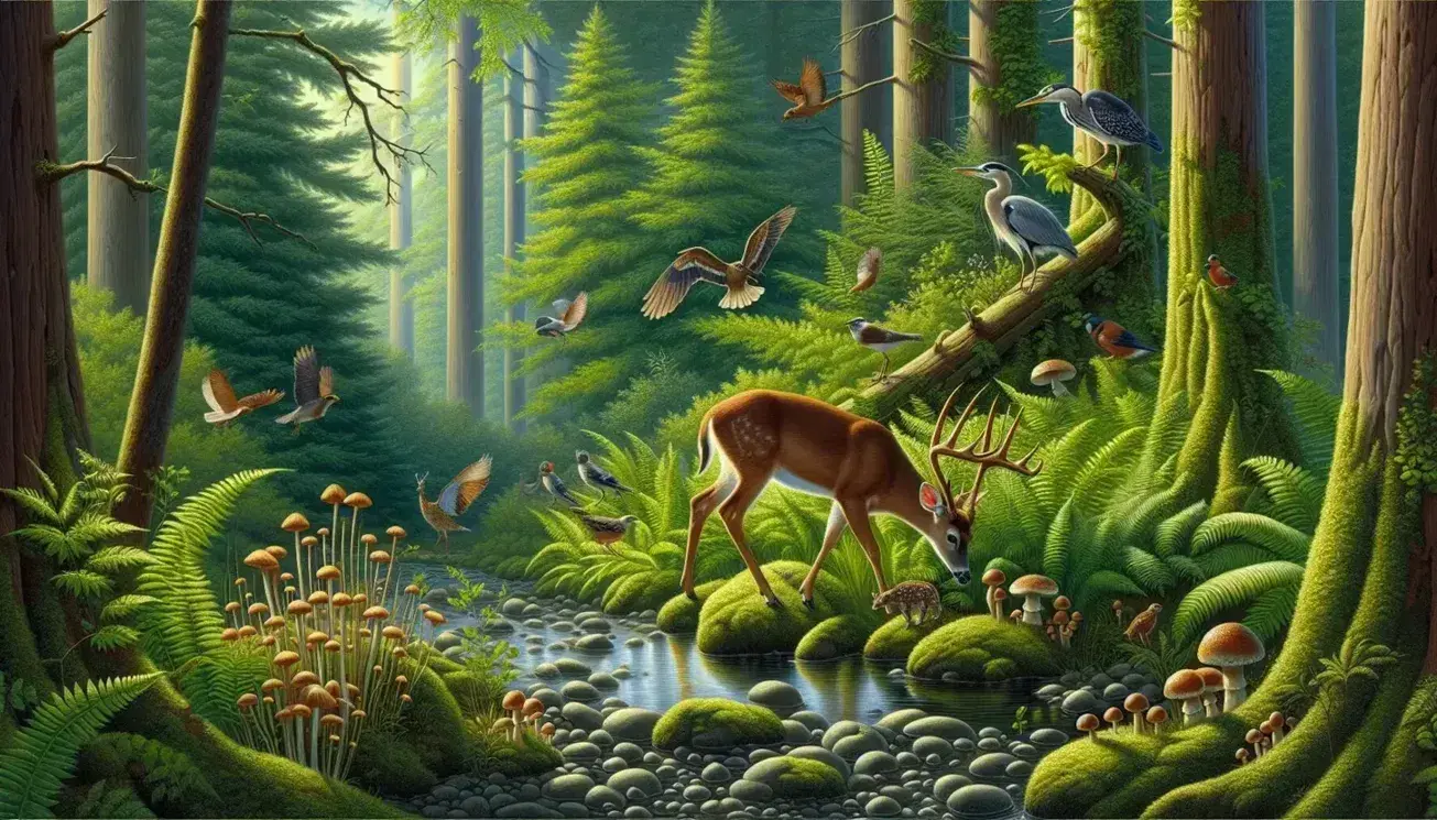 Lush forest scene with a grazing brown deer, sunlight-dappled canopy, heron by a stream, squirrel on a branch, and birds among the foliage.