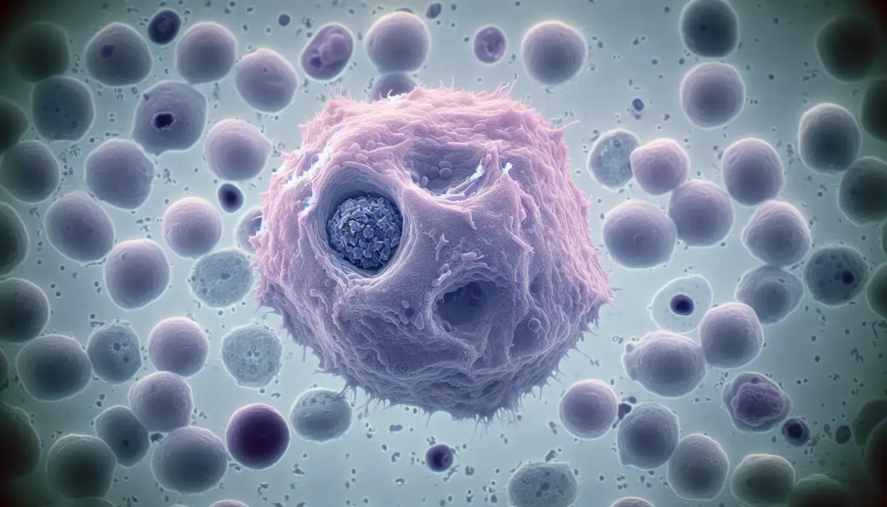 Vista microscópica de células humanas con un macrófago en fagocitosis central, rodeado de linfocitos y neutrófilos, en tonos rosados y morados sobre fondo azul.