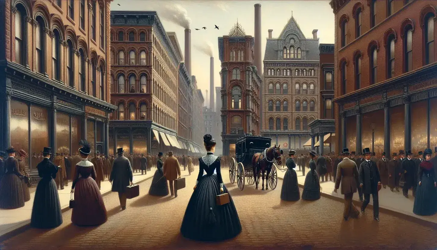 Victorian-era woman with suitcase strolls down a busy 19th-century city street, amidst horse-drawn carriages and historical buildings.