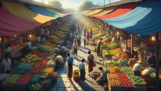Mercado al aire libre con puestos de frutas y verduras frescas, vendedores atendiendo y clientes comprando en un día soleado.