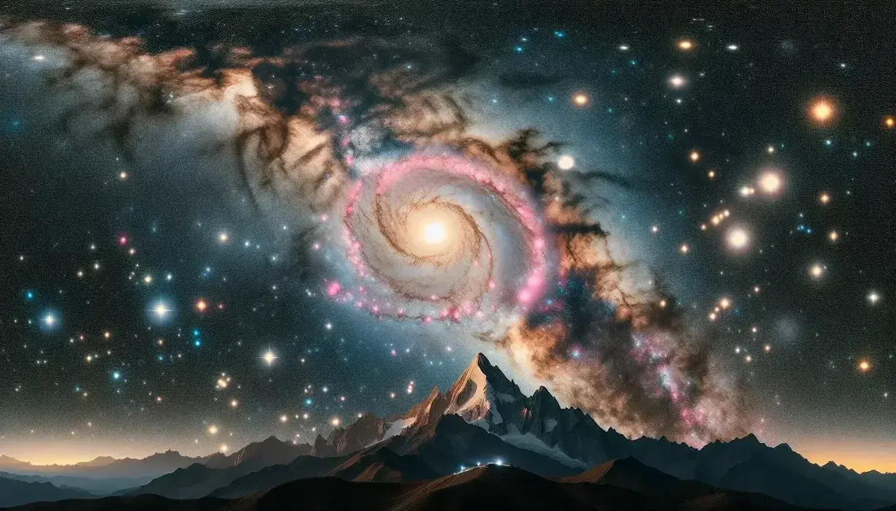 Cielo nocturno estrellado con galaxia espiral central rodeada de estrellas de diversos colores y montaña en silueta.
