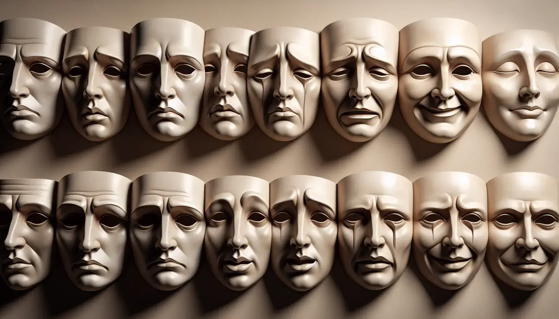 Colección de máscaras teatrales con expresiones variadas, desde desconfianza hasta desdén, alineadas sobre fondo neutro.