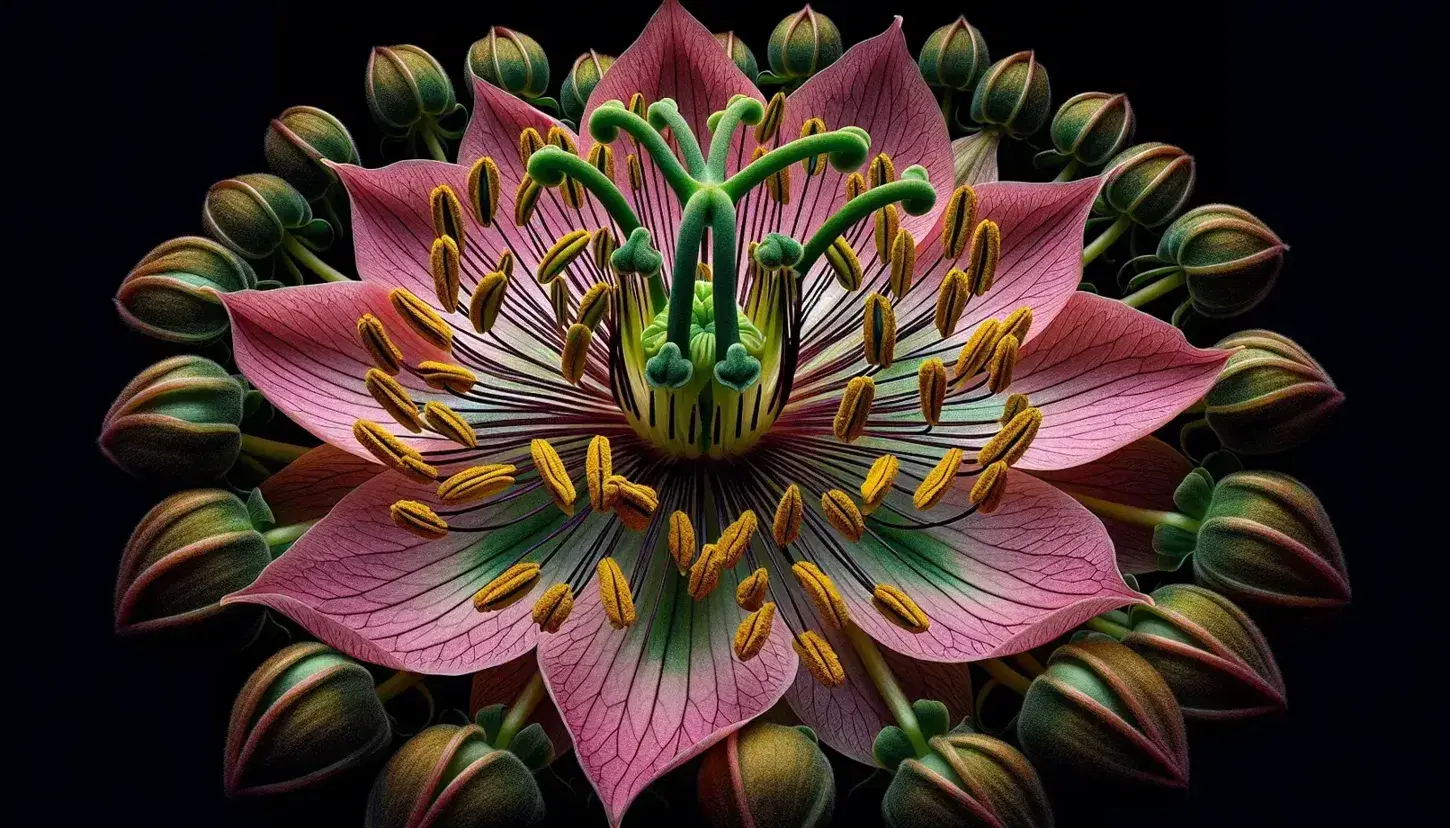 Flor abierta con pétalos rosados, pistilo verde claro y estambres con anteras amarillas, rodeada de sépalos verdes en fondo desenfocado natural.