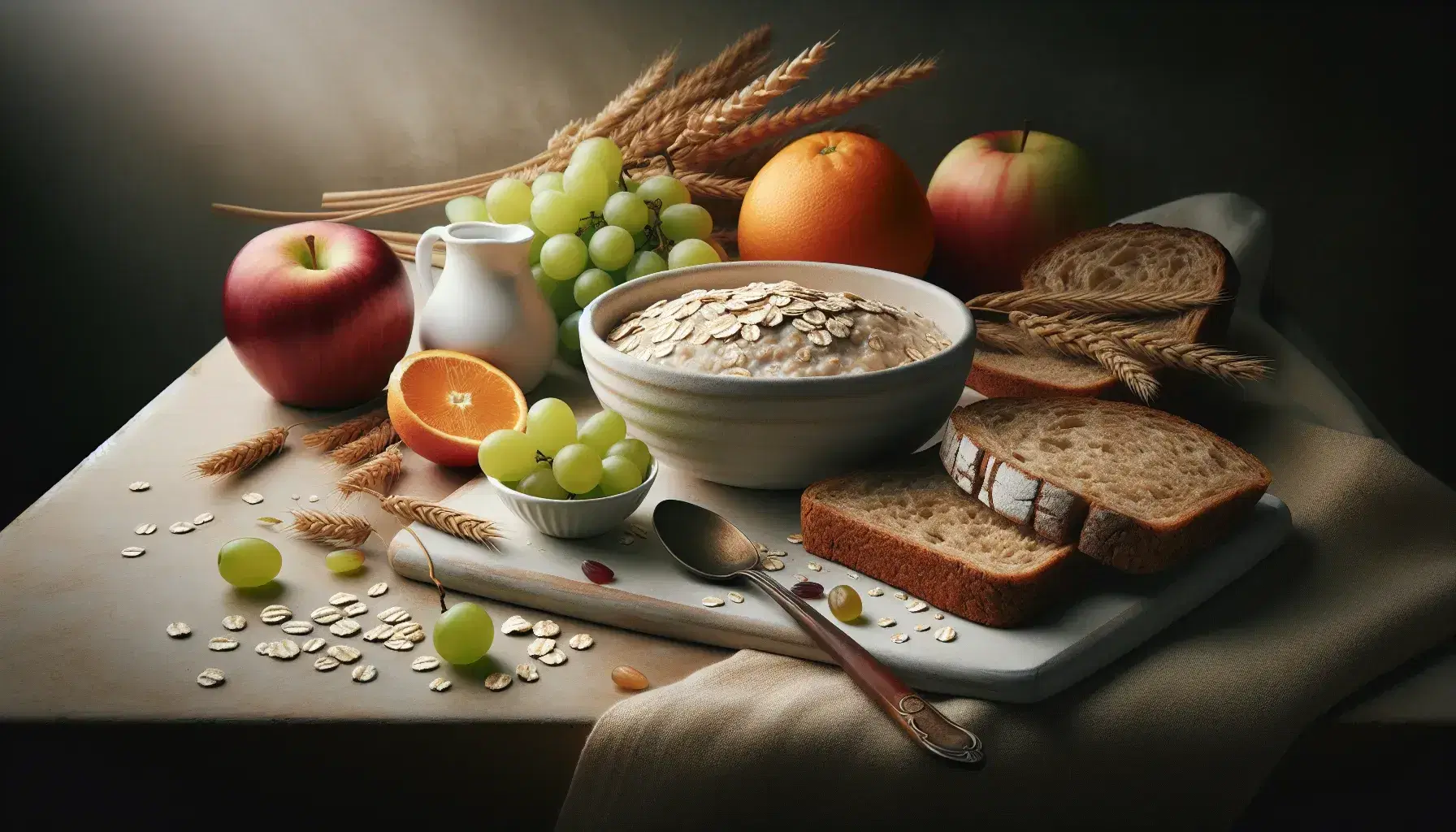 Desayuno saludable con avena cocida en bol blanco, rebanada de pan integral, uvas verdes, manzana roja, naranja y rodajas de plátano maduro sobre mesa de madera clara.