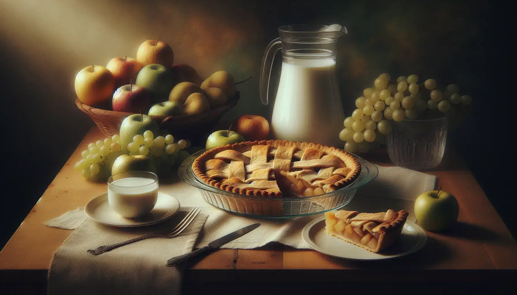 Freshly baked apple pie in a glass dish with one slice on a white plate beside a fork, a glass of milk, and assorted fruits on a wooden table.