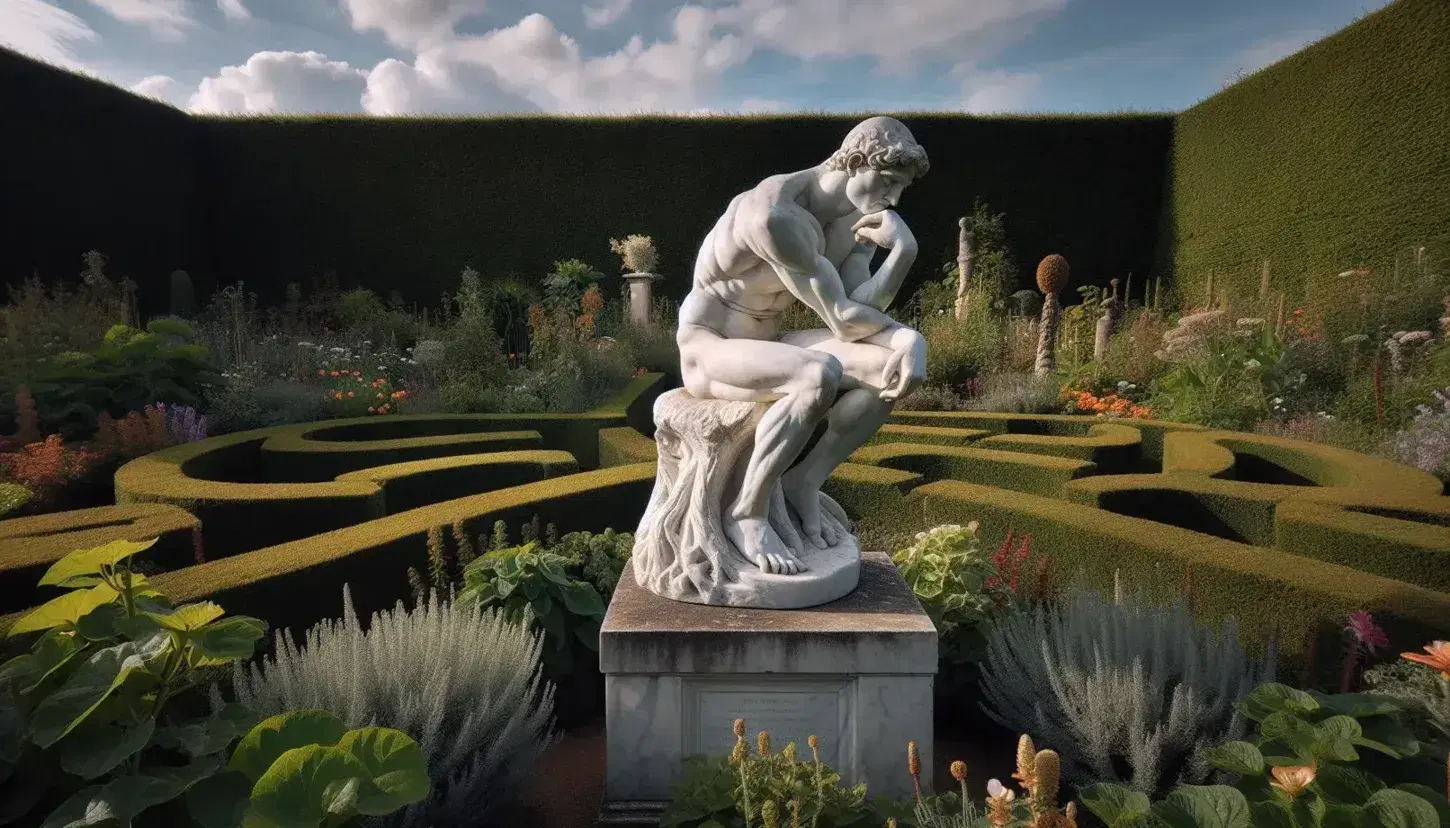 Scultura in marmo bianco di figura maschile pensierosa seduta in giardino rigoglioso con labirinto di siepi sullo sfondo.