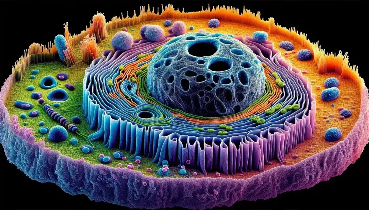 Micrografía electrónica colorida de sección transversal de célula eucariota con núcleo, retículo endoplásmico, aparato de Golgi y citoesqueleto visibles.