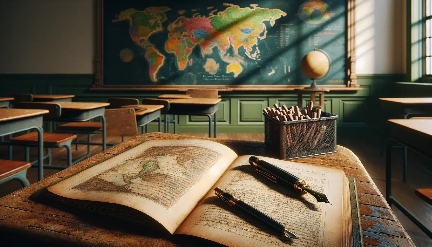 Scena tranquilla di un'aula scolastica con banco in legno, libro aperto, penna stilografica nera, lavagna verde e mappa geografica colorata.