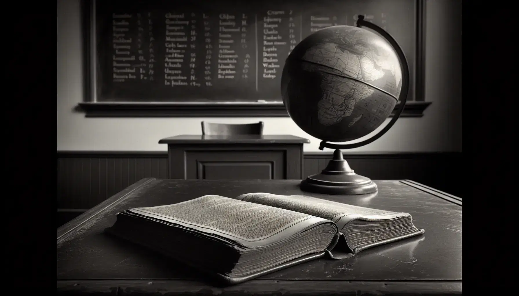 Vintage classroom with wooden desk, open book, clean chalkboard, muted globe, and potted plant, evoking a serene academic atmosphere.