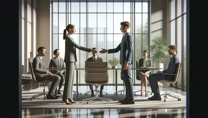 Gruppo di professionisti in abiti formali si stringe la mano in un ufficio moderno illuminato dalla luce naturale, simbolo di collaborazione.